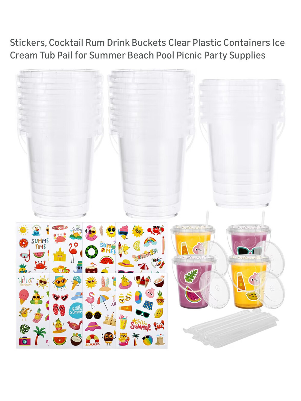 15 Pcs 1L Ice Cream Buckets with Lids Straw Handles and Summer Stickers